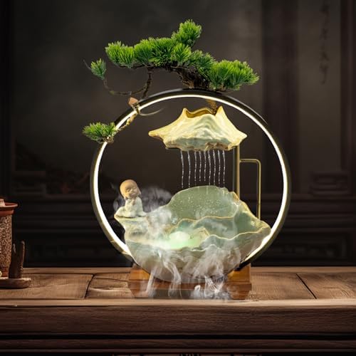 Bacacoo Desktop Water Fountain with LED Light and Meditation Monk Statue