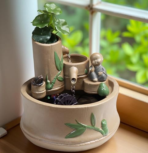 866 Inch Bamboo Tabletop Fountain with 3 Tier Waterfall and Frog Ornament