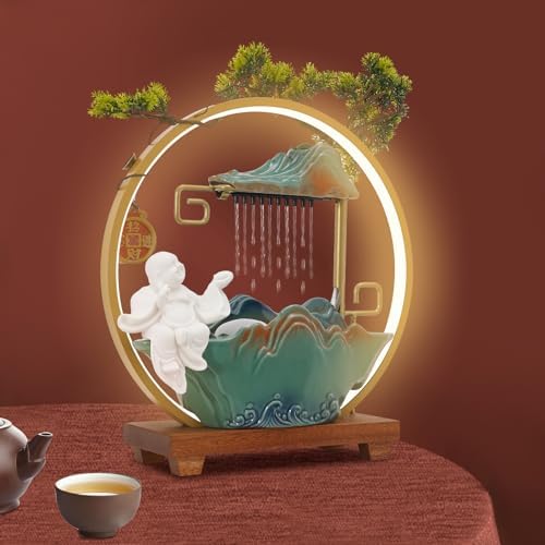Chinese Style Landscape Deer Tabletop Water Fountain with LED Light and Mist