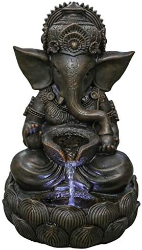 Hi-Line Gift Lord Ganesh Sculptural Tabletop Fountain with Cool White LED Lights Brown