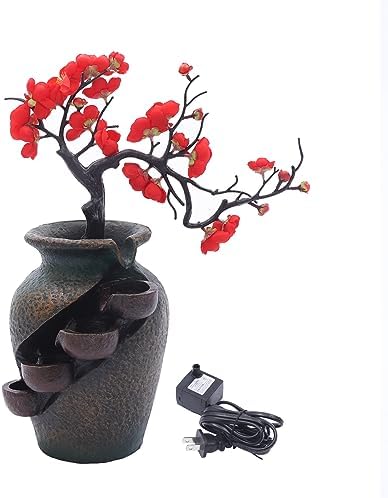 Tabletop Waterfall Fountain with Flower Vase and Artificial Bouquet
