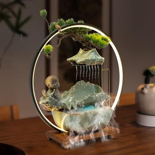 Modern Tabletop Waterfall Fountain with LED Light Mist