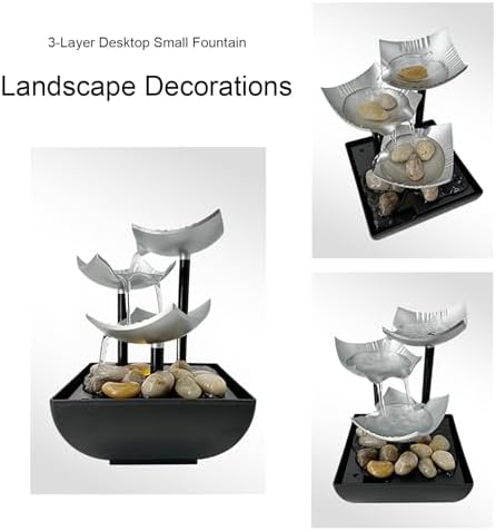 3-Layer Desktop Water Fountain with LED Lights and Pebbles - USB Powered Indoor Waterfall for Home Office Decor