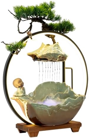 Tabletop Water Fountain with Monk Sculpture and LED Lights