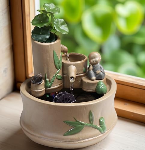 866 Inch Bamboo Tabletop Fountain with 3 Tier Waterfall and Frog Ornament