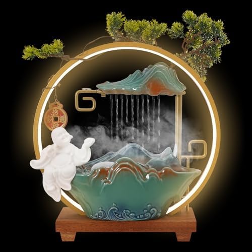 Chinese Style Landscape Deer Tabletop Water Fountain with LED Light and Mist