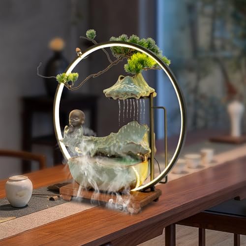 Modern Tabletop Waterfall Fountain with LED Light Mist