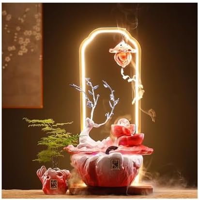 Red Tabletop Fountain with Deer and Water Circulation