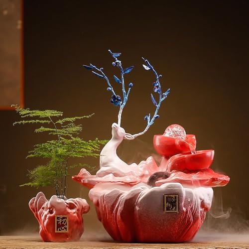 Red Tabletop Fountain with Deer and Water Circulation