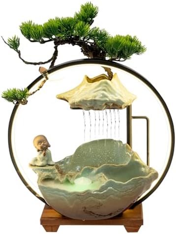 Bacacoo Desktop Water Fountain with LED Light and Meditation Monk Statue