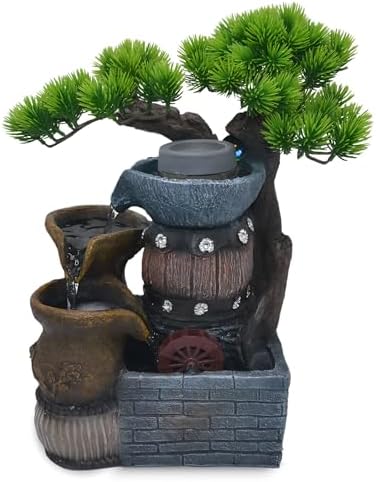 145 Inch Tabletop Water Fountain with Bonsai and 3 Tier Rock Garden