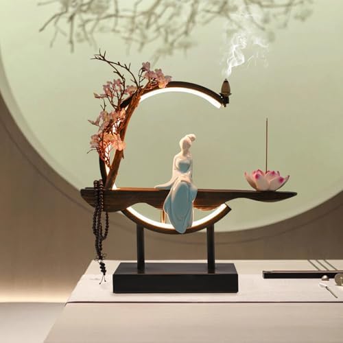 BenHookyle Tabletop Fountain with LED Light and Artificial Peach Blossoms