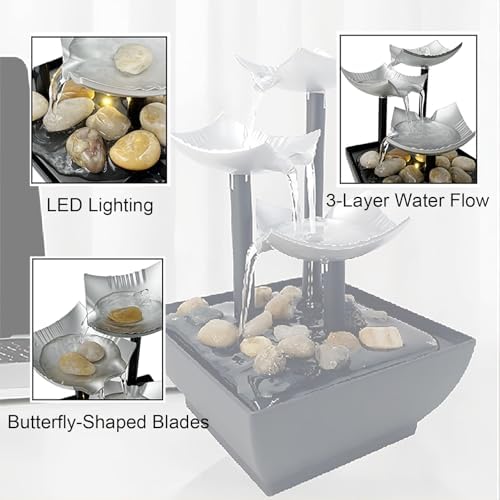 3-Layer Desktop Water Fountain with LED Lights and Pebbles - USB Powered Indoor Waterfall for Home Office Decor