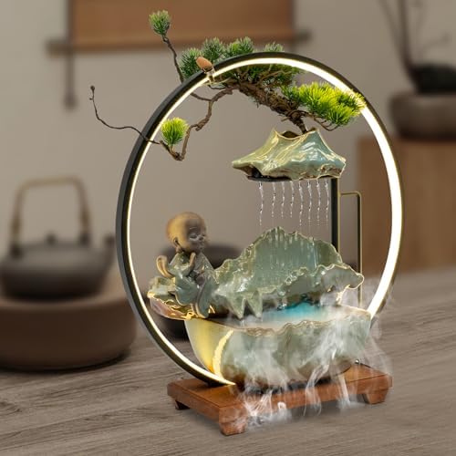 Modern Tabletop Waterfall Fountain with LED Light Mist