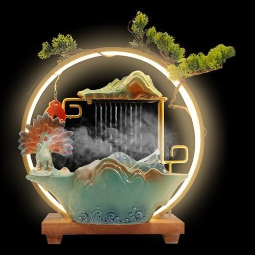 Peacock Tabletop Fountain with LED Lighting