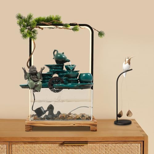 Eapmic Desktop Waterfall Fountain with Fish Tank and LED Light