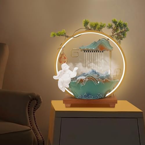 Chinese Style Landscape Deer Tabletop Water Fountain with LED Light and Mist