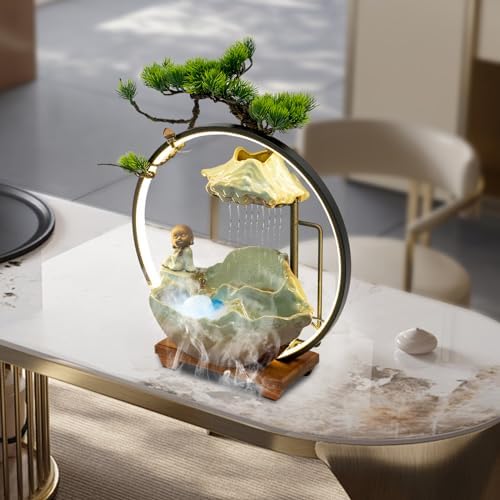 Tabletop Water Fountain with Monk Sculpture and LED Lights