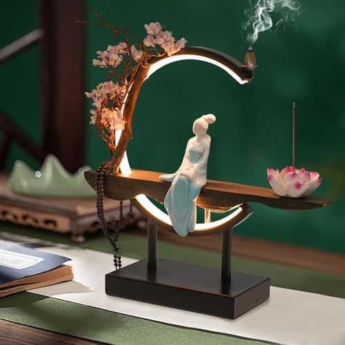 BenHookyle Tabletop Fountain with LED Light and Artificial Peach Blossoms