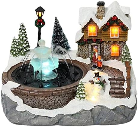 Tabletop Fountain with LED Light and Christmas Village Scene Decor