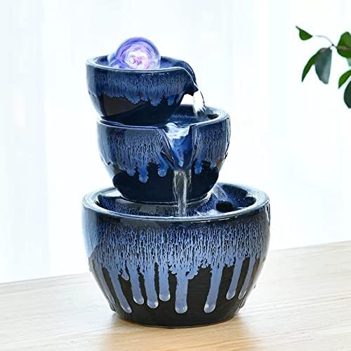 DINBOZ26X 3 Layer Ceramic Tabletop Water Fountain with Rolling Ball Blue