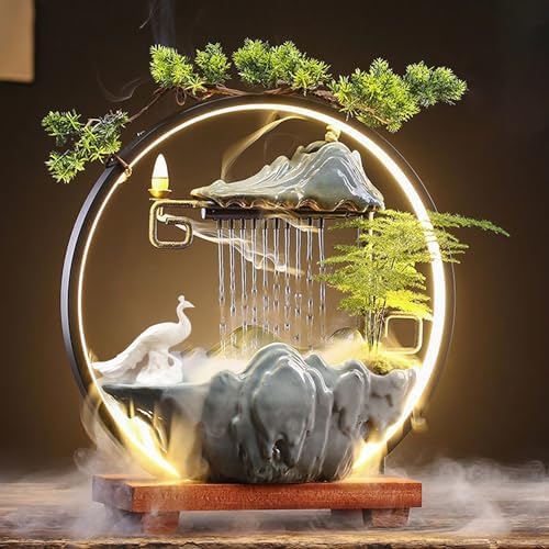 Ceramic Maitreya Buddha Incense Burner with LED Light and Waterfall Feature