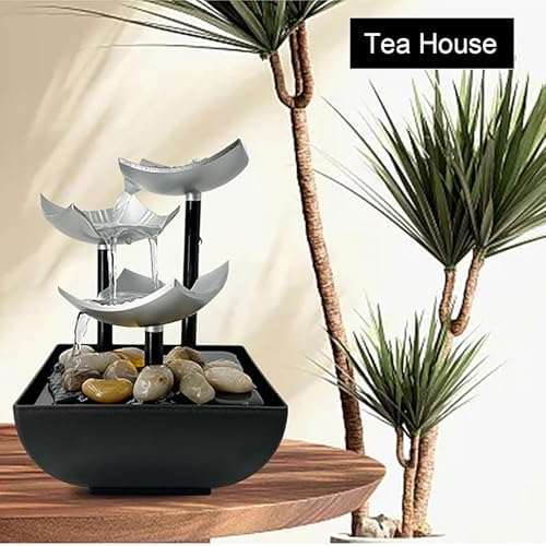 3-Layer Desktop Water Fountain with LED Lights and Pebbles - USB Powered Indoor Waterfall for Home Office Decor