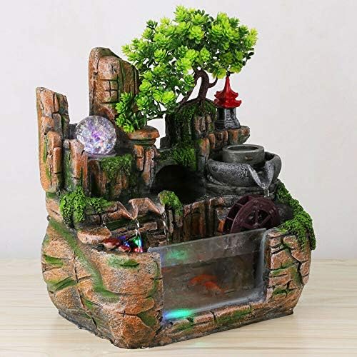 Tabletop Fountain Waterfall Decor Simulated Rockery Bonsai with Atomizing Humidifier