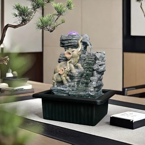 984 Inch Tabletop Fountain with Dual Elephant Statues and LED Lights