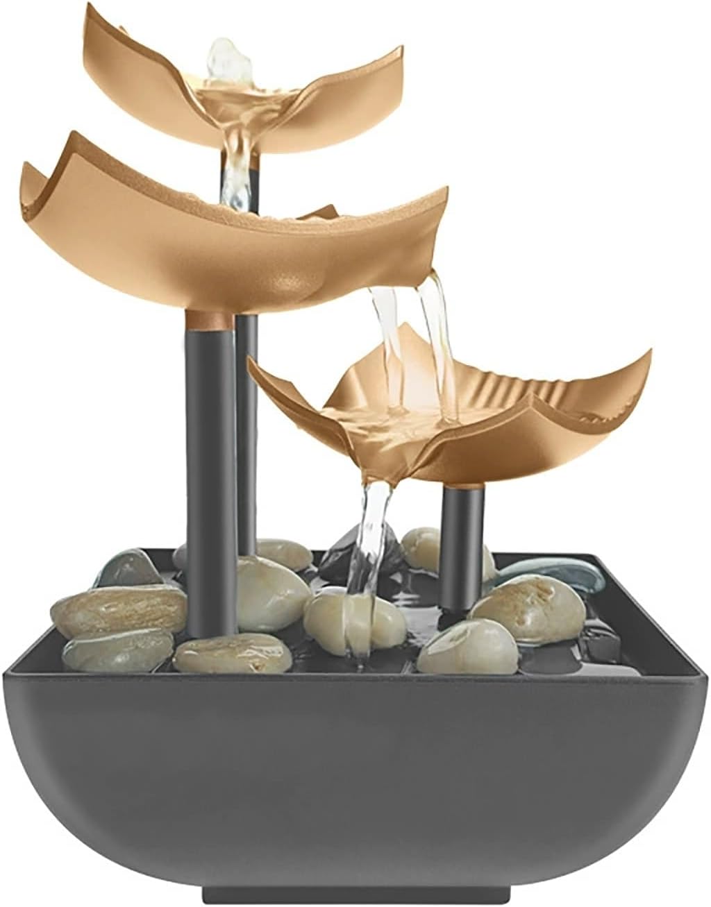 3-Layer Desktop Water Fountain with LED Lights and Pebbles - USB Powered Indoor Waterfall for Home Office Decor