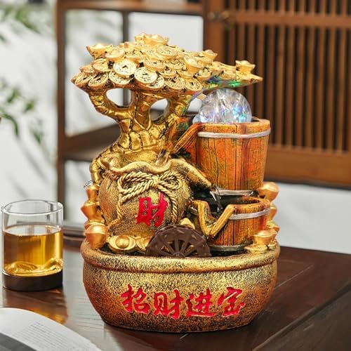 Feng Shui Water Fountain Decor with Money Tree and Light