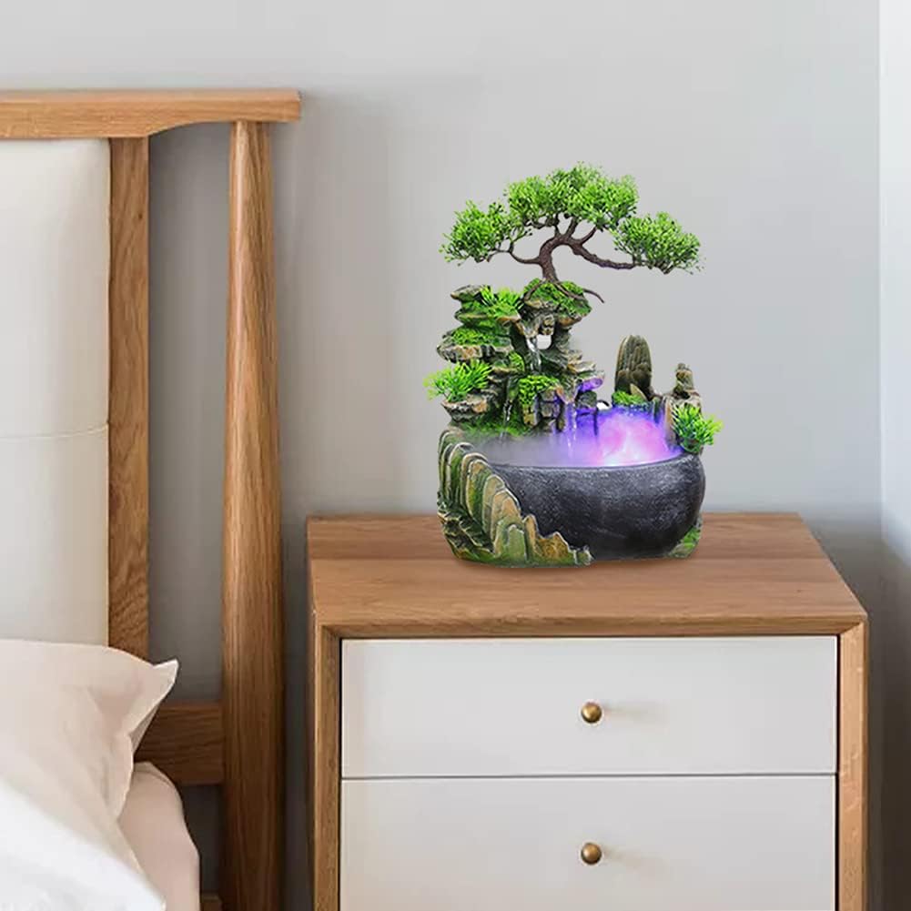 Tabletop Fountain with Rockery and Bonsai Zen Meditation Indoor Waterfall Decor