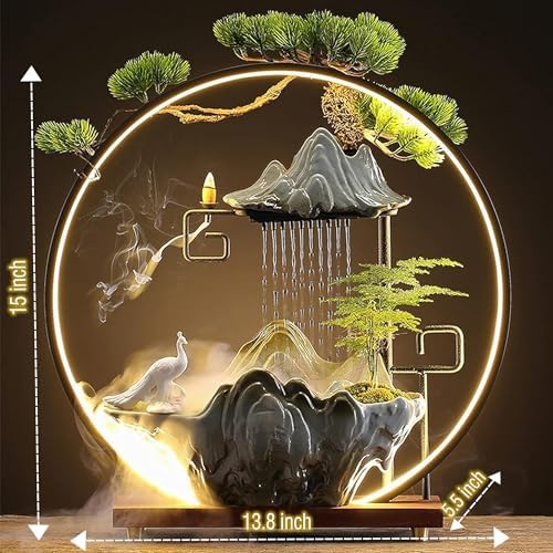 Ceramic Maitreya Buddha Incense Burner with LED Light and Waterfall Feature