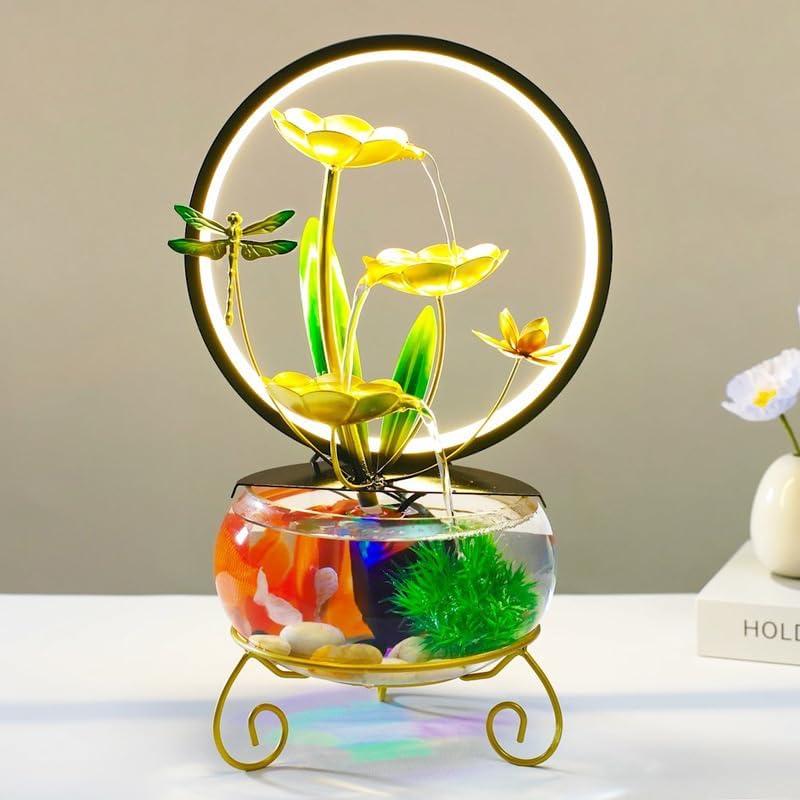 Golden Tabletop Fountain Indoor Lotus Leaf Zen Relaxation Decor
