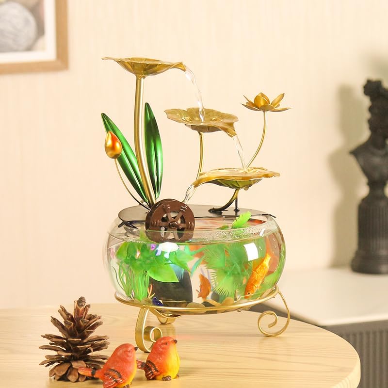 Elegant Tabletop Lotus Leaf Water Fountain with Fish Tank and LED Light