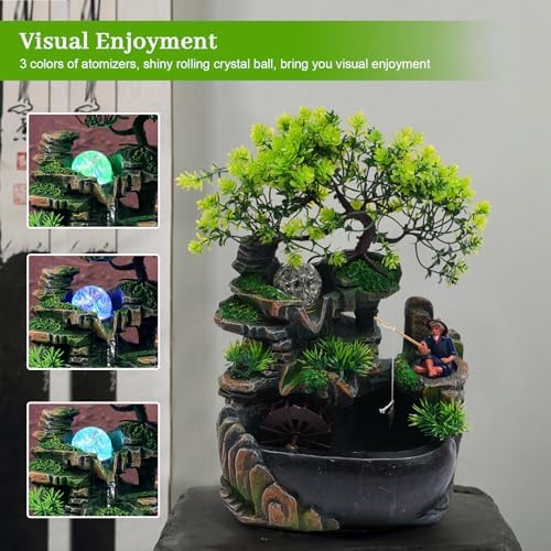 Tabletop Fountain with LED Light and Plants for Home Office and Bedroom