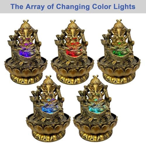 Large Ganesha Statues Indoor Tabletop Fountain with LED Lights and Zen Waterfall