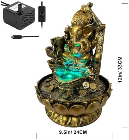 Large Ganesha Statues Indoor Tabletop Fountain with LED Lights and Zen Waterfall