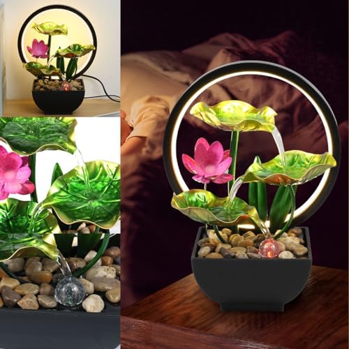 Tabletop Fountain with LED Lights and Rocks 3-Tier Leaf Waterfall for Meditation and Home Decor