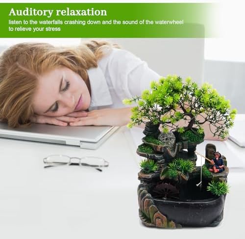 Tabletop Fountain with LED Light and Plants for Home Office and Bedroom