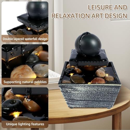 Bocnity Tabletop Ball Fountain with LED Lights for Zen Meditation and Relaxation