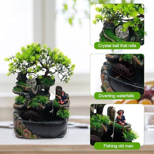 Tabletop Fountain with LED Light and Plants for Home Office and Bedroom
