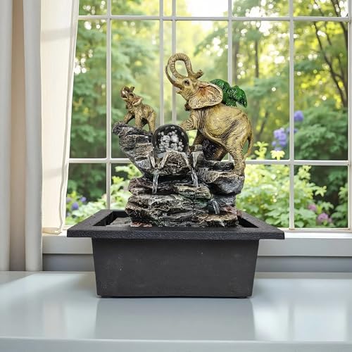 Decorative Elephant Cascade Tabletop Fountain with LED Light 3-Tier Design