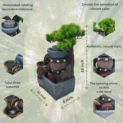 145 Inch Tabletop Water Fountain with Bonsai and 3 Tier Rock Garden