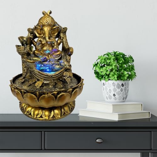 Large Ganesha Statues Indoor Tabletop Fountain with LED Lights and Zen Waterfall