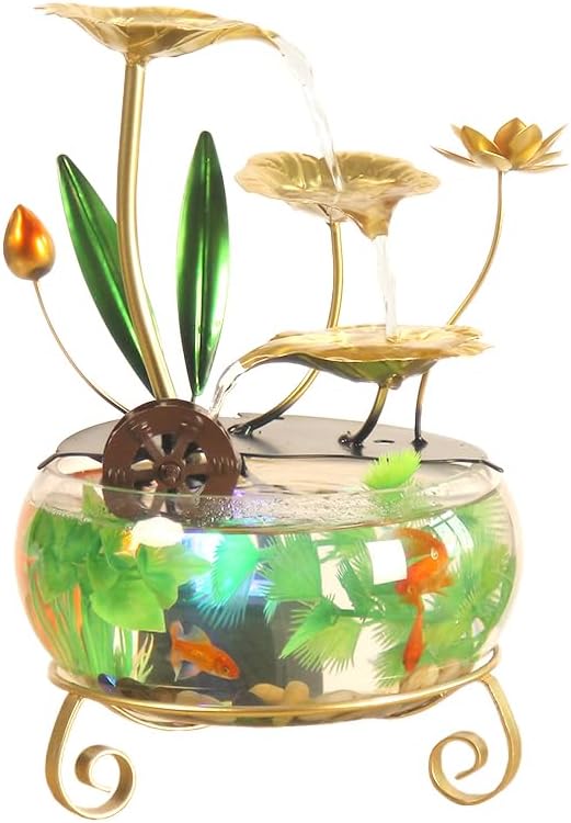 Elegant Tabletop Lotus Leaf Water Fountain with Fish Tank and LED Light