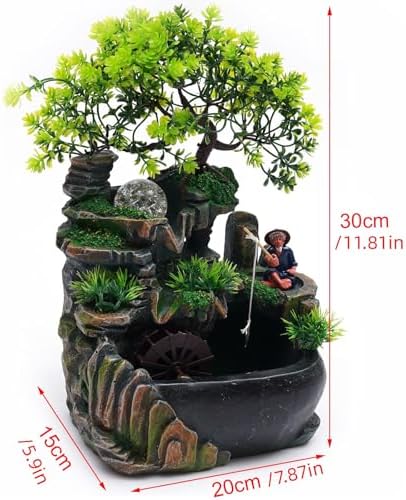 Tabletop Fountain with LED Light and Plants for Home Office and Bedroom