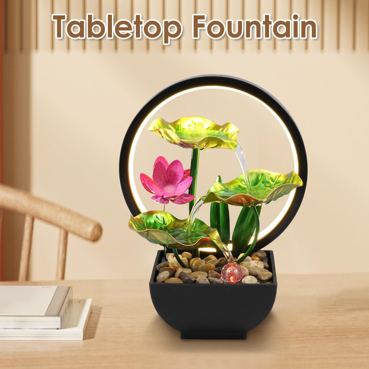 3-Tier Tabletop Waterfall Fountain with LED Lights and Rocks