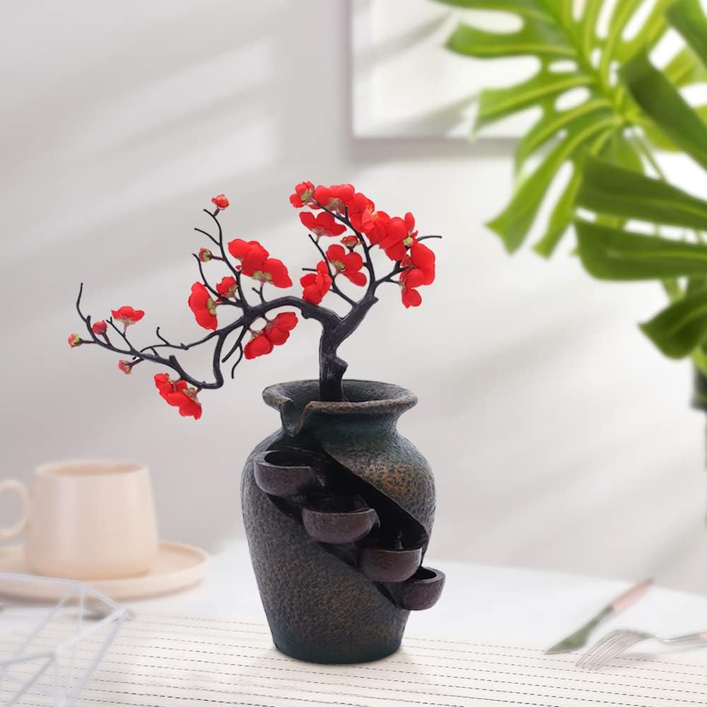 ZeStarDair Tabletop Water Fountain with 4 Layers and Simulated Plum Blossoms