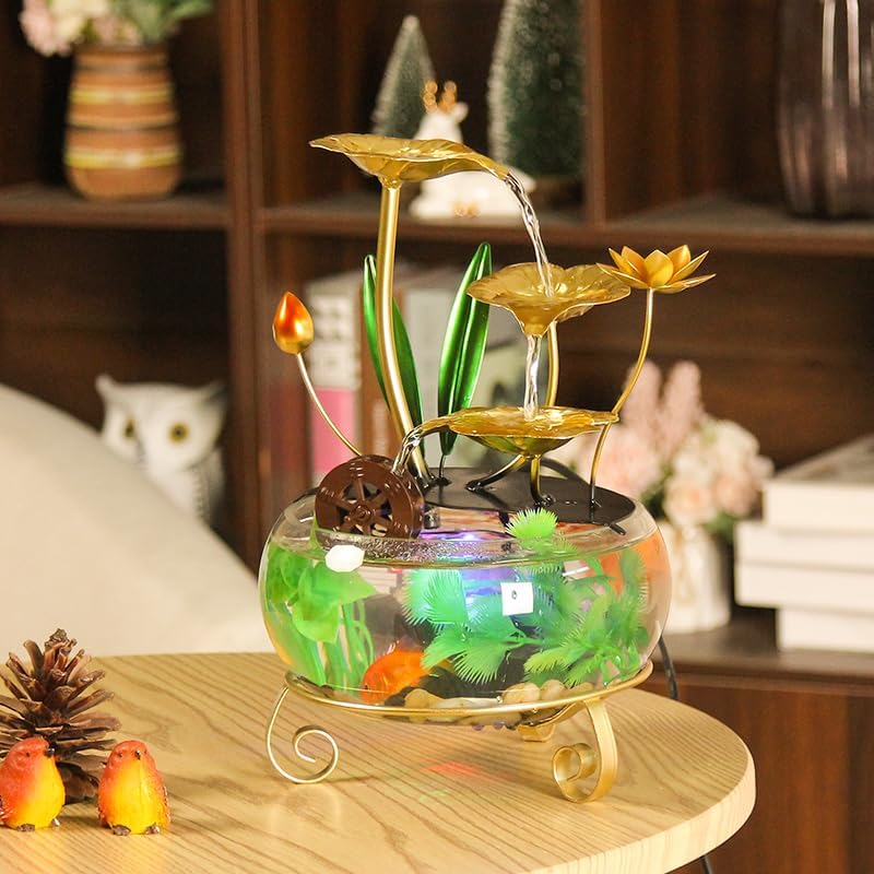 Elegant Tabletop Lotus Leaf Water Fountain with Fish Tank and LED Light